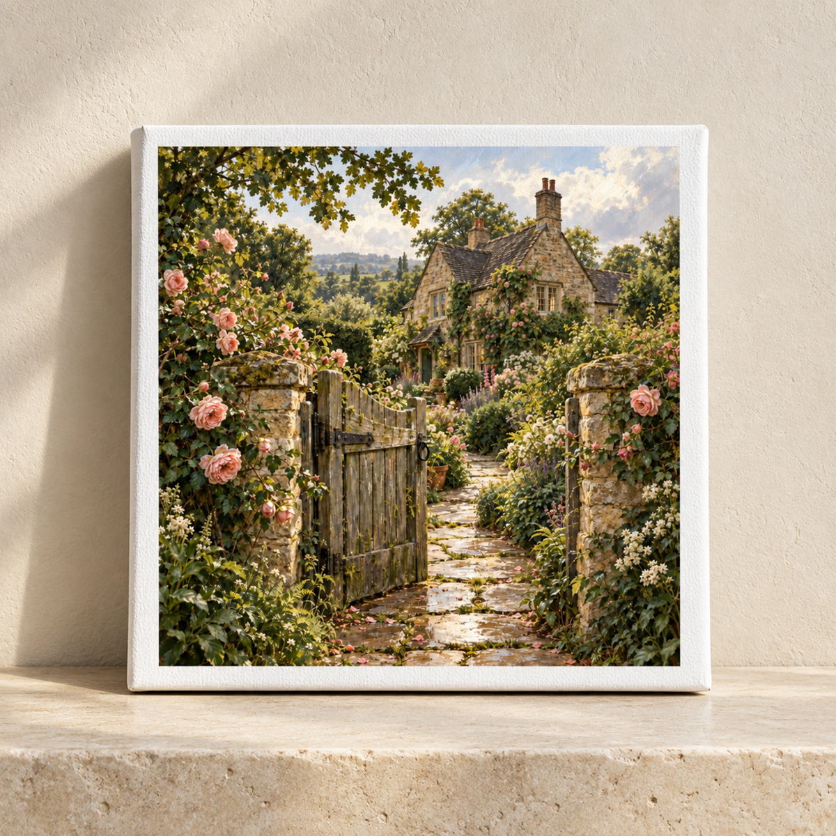Beyond the Garden Gate Canvas square print featuring an open wooden gate leading to a stone cottage surrounded by pink climbing roses and a flagstone path.