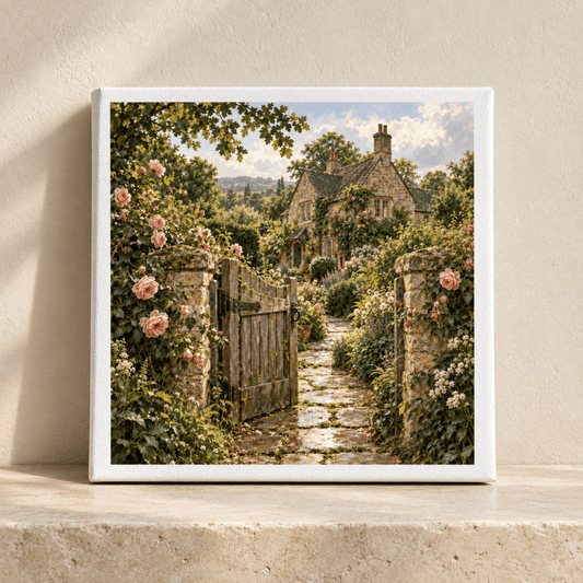 Beyond the Garden Gate Canvas square print featuring an open wooden gate leading to a stone cottage surrounded by pink climbing roses and a flagstone path.