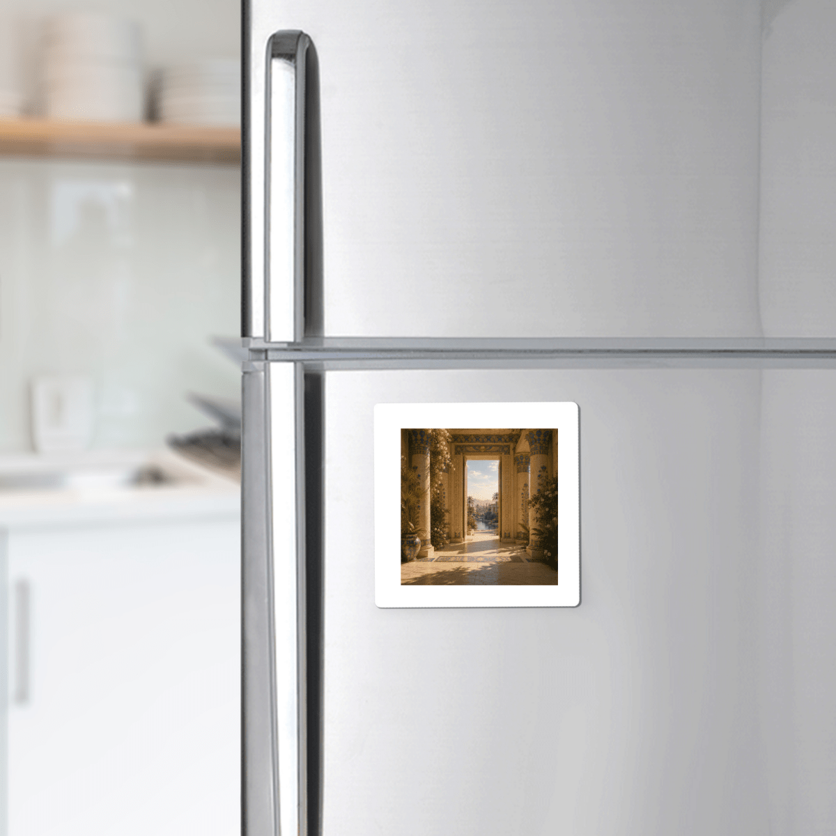 The Beyond the Threshold Ancient Egypt Art Magnet from Mirabilia Boutique’s Lapis & Lotus Collection, showcasing a stone archway with lapis blue and gold accents inspired by Ancient Egyptian art, is displayed on a silver refrigerator in a bright kitchen.