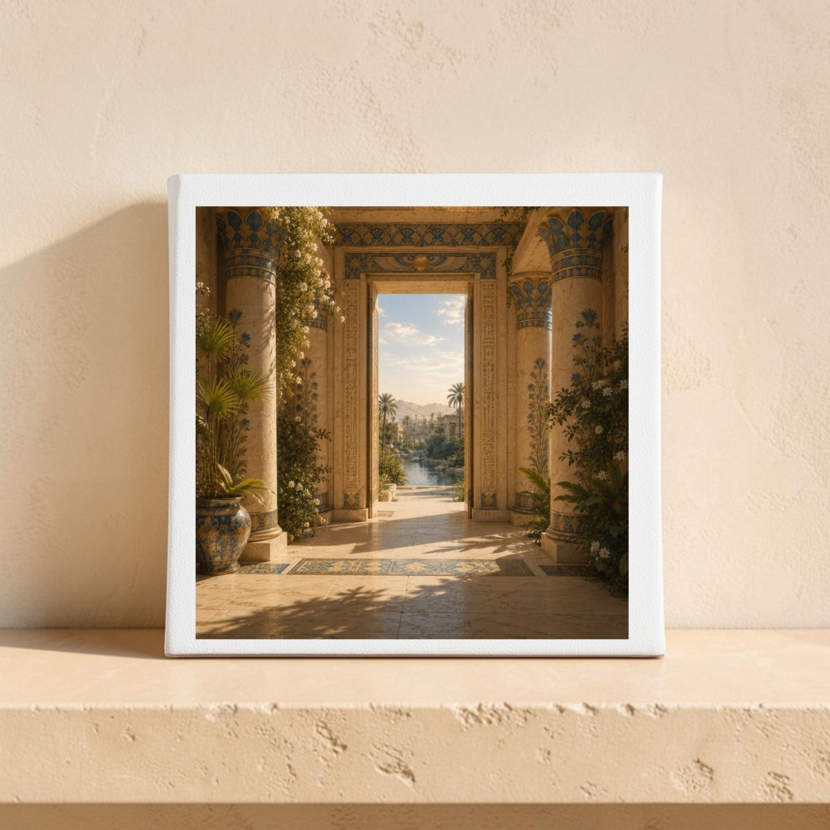 The Beyond the Threshold Ancient Egypt Canvas Art from Mirabilia Boutique features an ornate, sunlit colonnade adorned with lush plants and blue accents, offering a tranquil view of palm trees and shimmering water beyond the archway. Resting on a beige textured shelf, this canvas beautifully evokes the serene Nile landscapes of ancient Egypt.