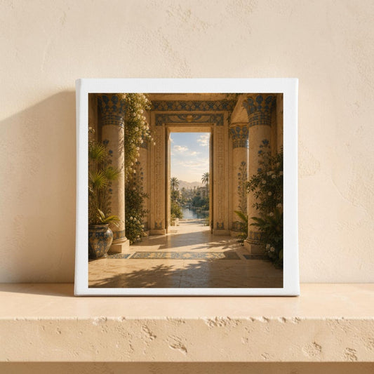 The Beyond the Threshold Ancient Egypt Canvas Art from Mirabilia Boutique features an ornate, sunlit colonnade adorned with lush plants and blue accents, offering a tranquil view of palm trees and shimmering water beyond the archway. Resting on a beige textured shelf, this canvas beautifully evokes the serene Nile landscapes of ancient Egypt.