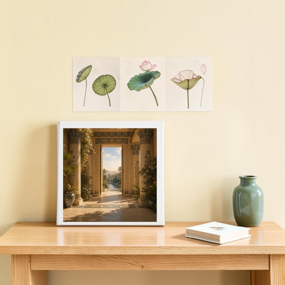 A wooden table with a book, a green vase, a framed artwork of an ornate garden, and three Beyond the Threshold Ancient Egypt Canvas Art prints from Mirabilia Boutique hanging on a light beige wall above.