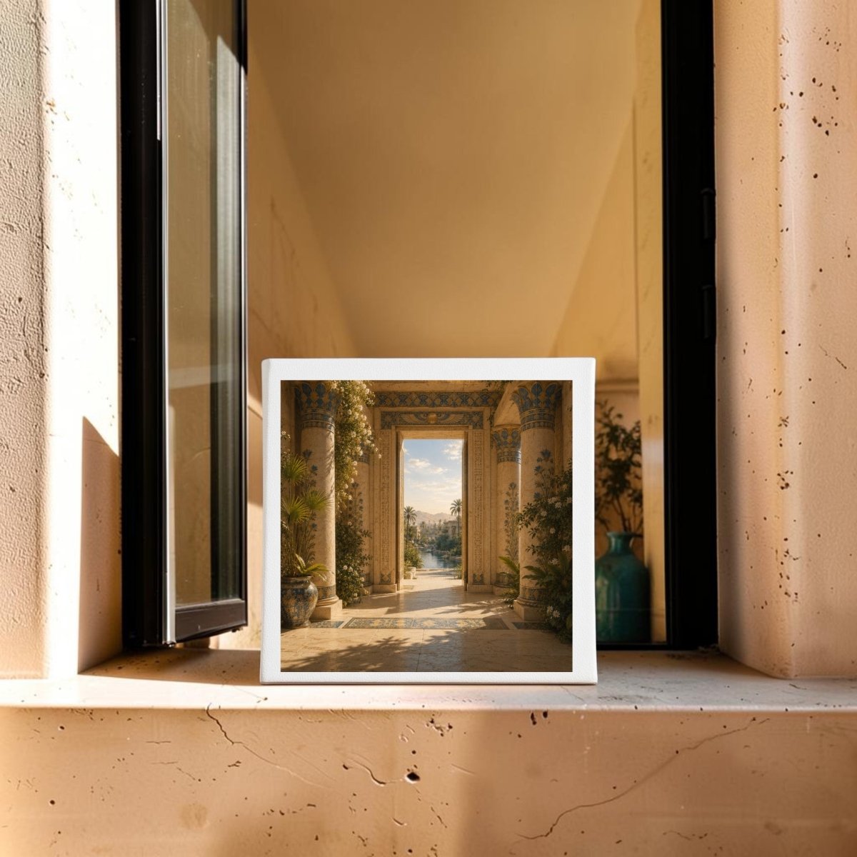 A framed Beyond the Threshold Ancient Egypt Canvas Art from Mirabilia Boutique’s Lapis & Lotus Collection, depicting a sunlit columned terrace with lush plants and a distant view, stands on a beige windowsill beneath an open window, evoking timeless elegance.