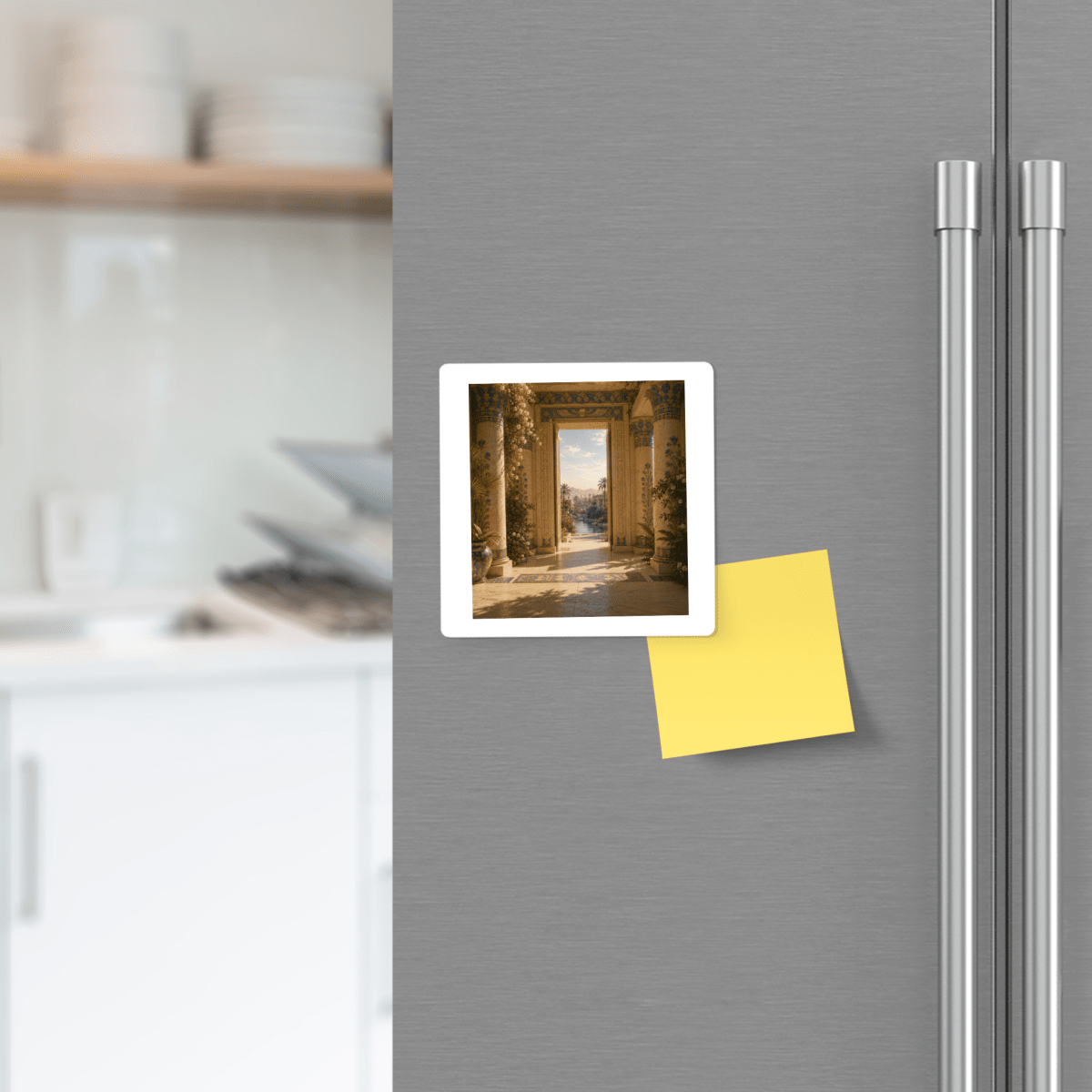 A refrigerator door featuring a photo of an architectural scene and a blank yellow sticky note is accented by the Beyond the Threshold Ancient Egypt Art Magnet from Mirabilia Boutique’s Lapis & Lotus Collection, showcasing striking lapis blue and gold details. Blurred shelves with dishes appear in the background.