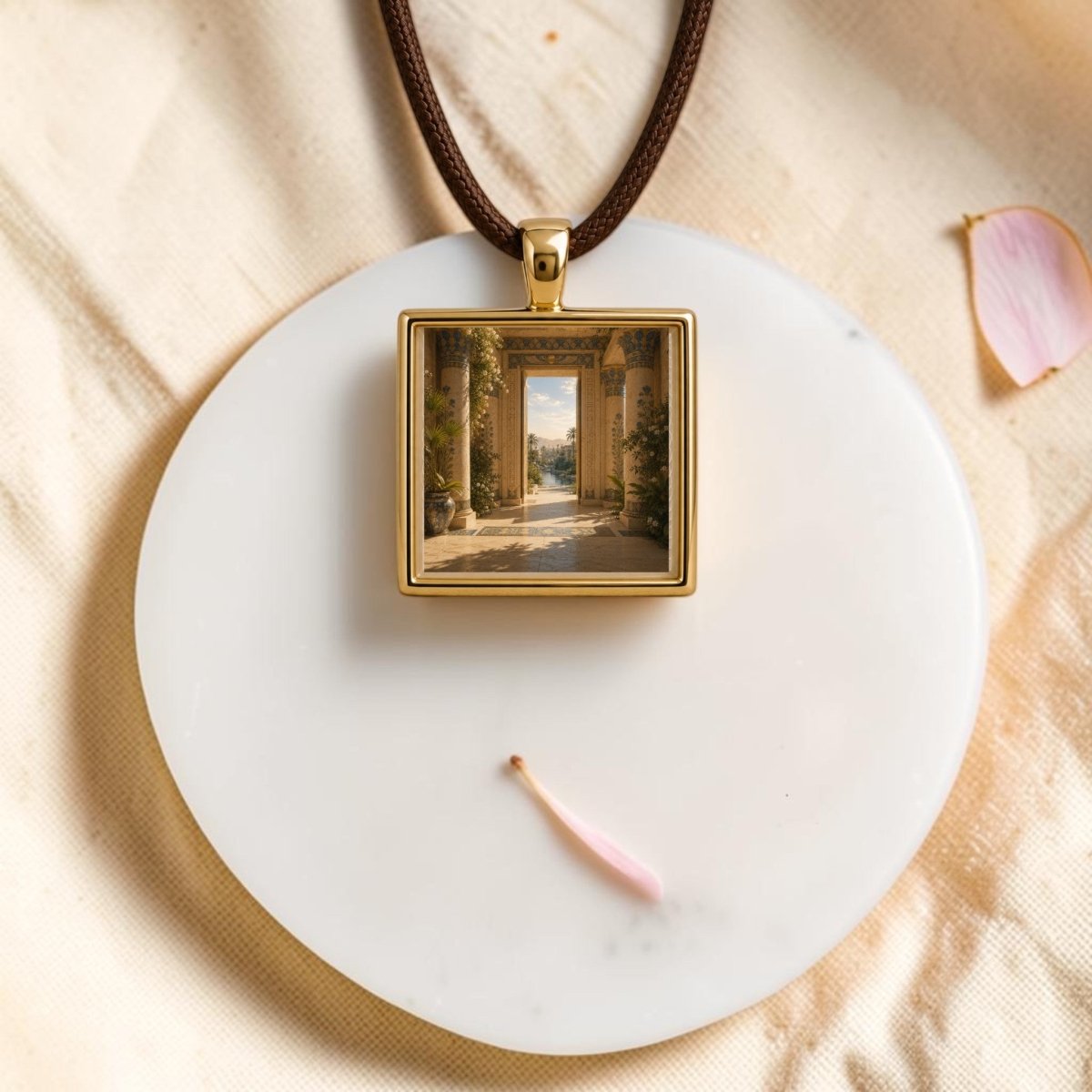 The Beyond the Threshold | Scene Pendant Necklace by Mirabilia Boutique features a gold Lapis & Lotus pendant with a miniature painting of a sunlit hallway, suspended from a brown cord and displayed on a white round surface. Pink flower petals rest nearby on a beige cloth background.