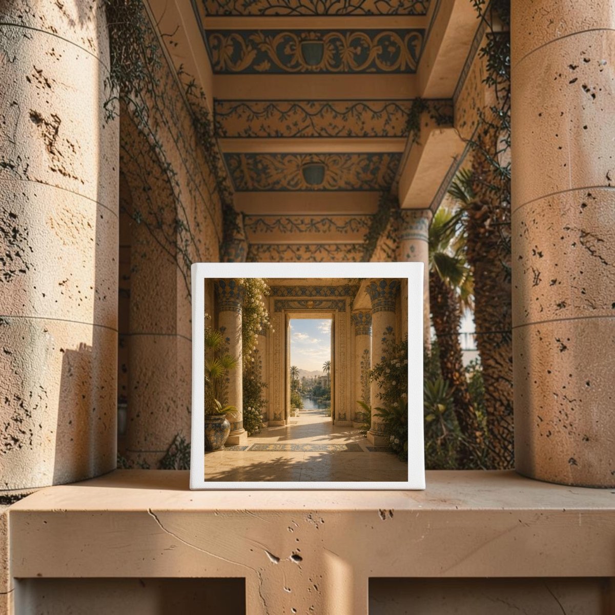 A framed print from Mirabilia Boutique’s Beyond the Threshold Ancient Egypt Canvas Art stands on a ledge before the very scene it depicts, presenting elaborately adorned columns and an ornate archway. Sunlight illuminates the architecture, producing a layered visual effect that captures the timeless allure of ancient Egyptian artistry.