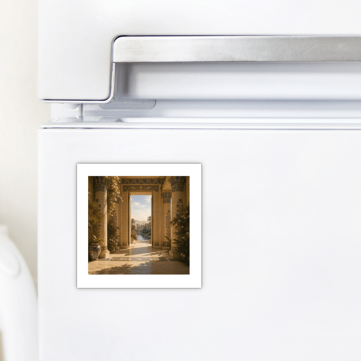 A white refrigerator with the Beyond the Threshold Ancient Egypt Art Magnet from Mirabilia Boutique’s Lapis & Lotus Collection, featuring a scenic photo of an ornate open-air hallway adorned with columns, lapis blue and gold details, lush greenery, and a bright landscape in the distance.