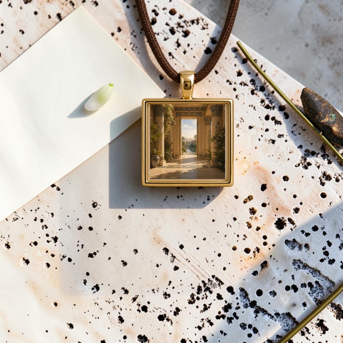 The “Beyond the Threshold | Scene Pendant Necklace” by Mirabilia Boutique—a square gold pendant featuring a scenic architectural image—hangs on a brown cord, resting on a speckled marble surface alongside a white envelope, a small flower petal, and a metal hairpin.