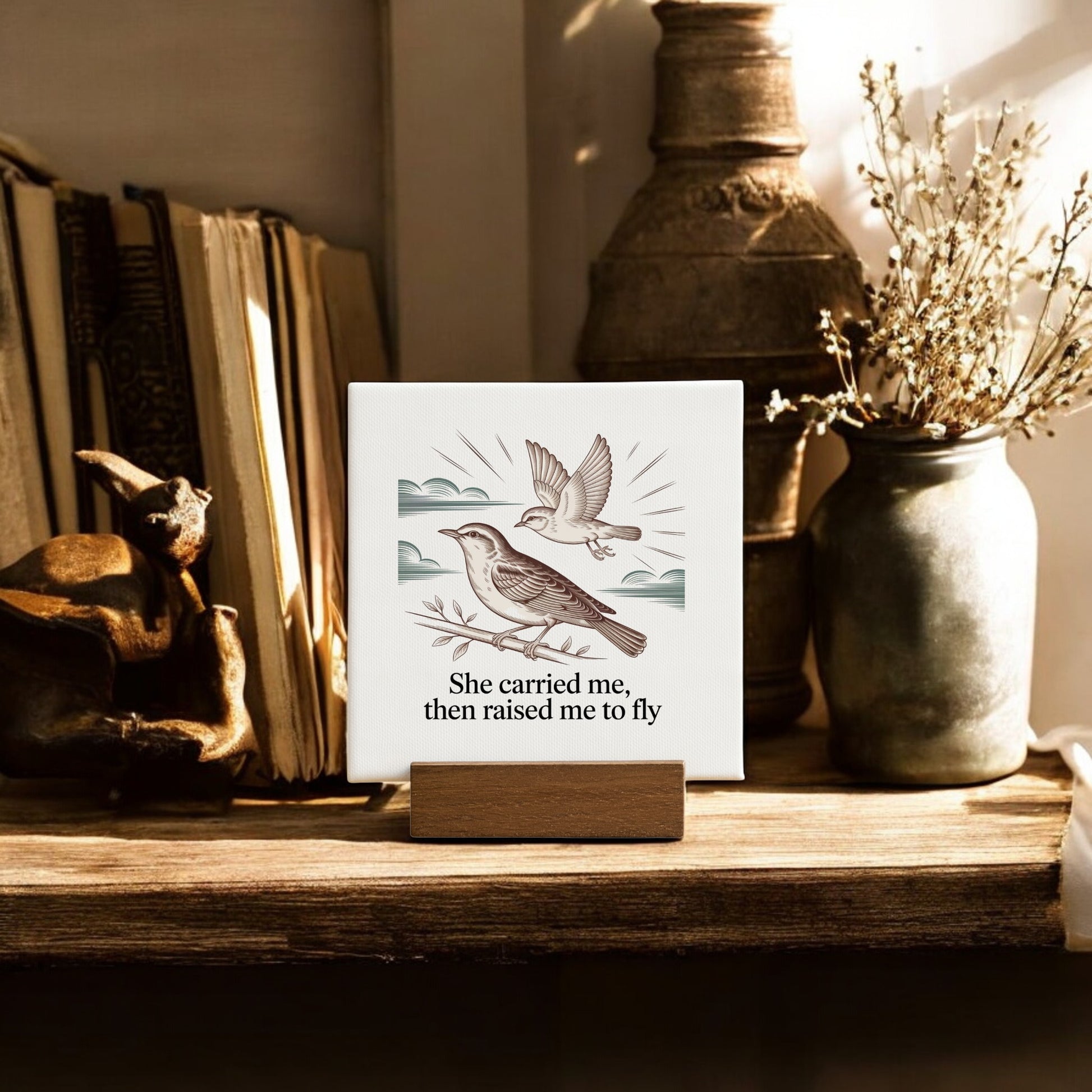 The Raised Me to Fly Mini Sign by Mirabilia Boutique features a touching mother bird illustration and the quote "She carried me, then raised me to fly"—a heartfelt Mother’s Day gift displayed on a wooden shelf.