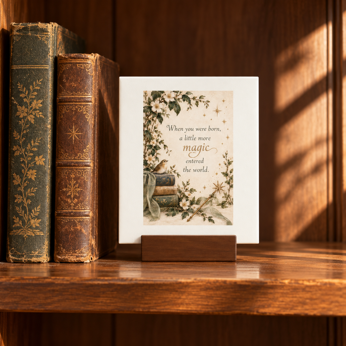 On a wooden shelf, the A Little More Magic 4x6 Mini Friend Gift Sign from Mirabilia Boutique’s Moon & Moss collection rests beside vintage books and decorative flowers bathed in warm sunlight—the sign’s heartfelt message, “When you were born, a little more magic entered the world,” brings a touch of woodland enchantment and makes for a truly meaningful gift.
