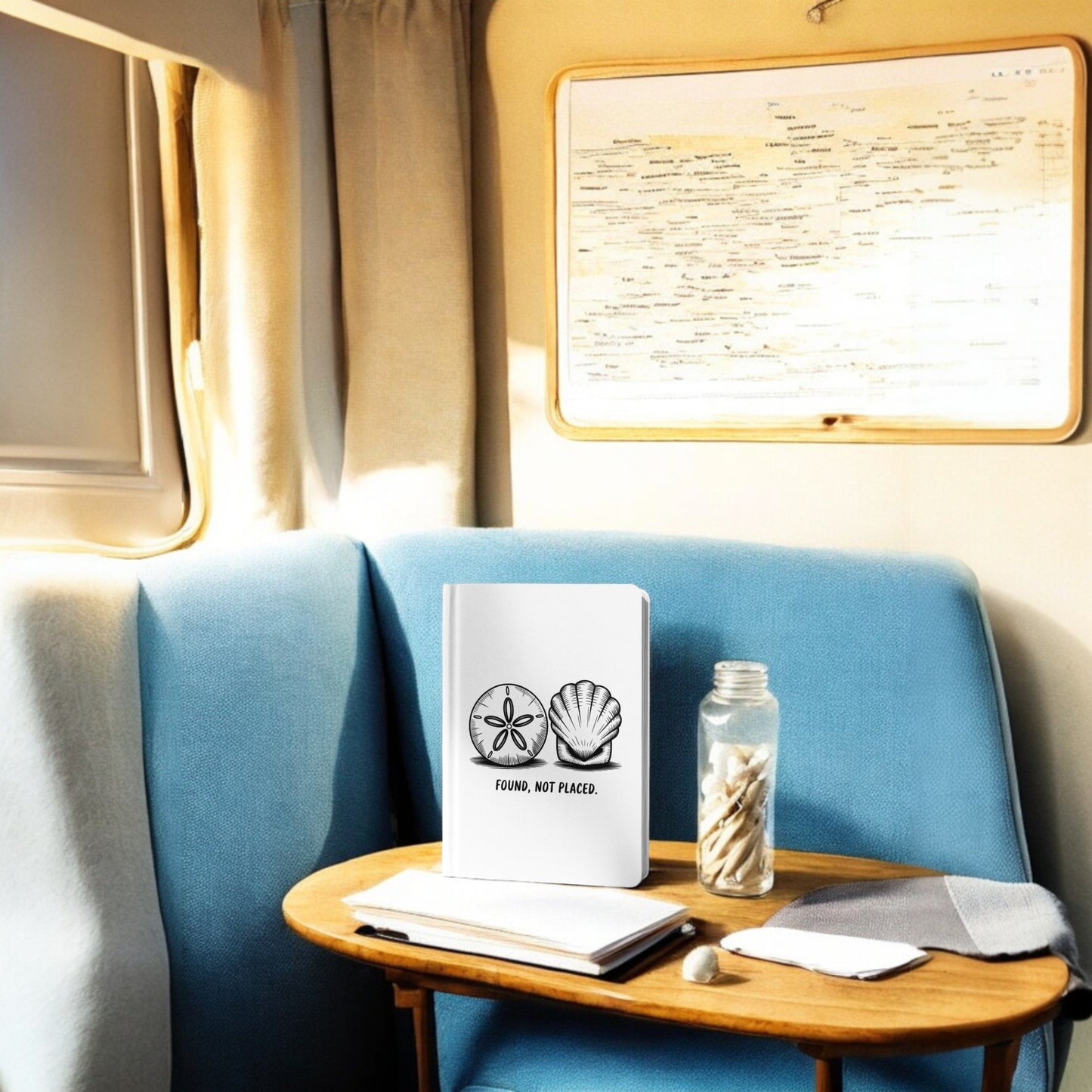 A cozy camper corner with blue cushioned seats, a wooden table holding the "Found, Not Placed Journal – Coastal Quote Notebook" by Mirabilia Boutique featuring shell art, a jar of seashells, and a map on the wall.