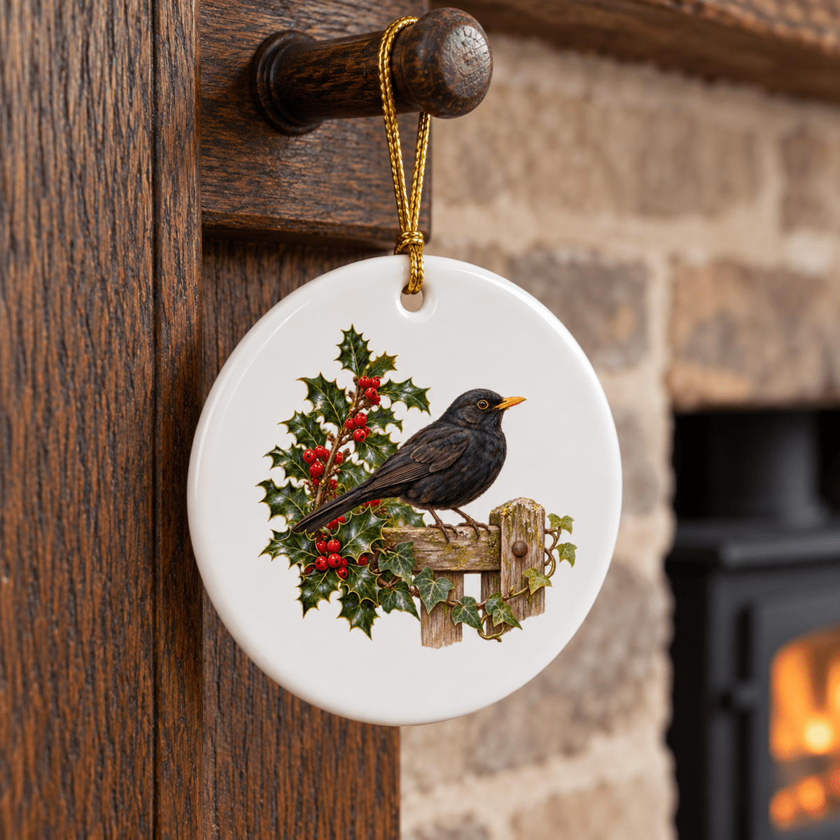 Blackbird in the Holly Ceramic Ornament featuring a blackbird perched on a wooden fence next to holly branches with red berries.