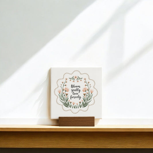 The Bloom Gently Love Fiercely Mini Canvas Sign by Mirabilia Boutique features floral artwork and an uplifting phrase, displayed on a wooden stand as wildflower decor—perfect as an inspiring encouragement gift.