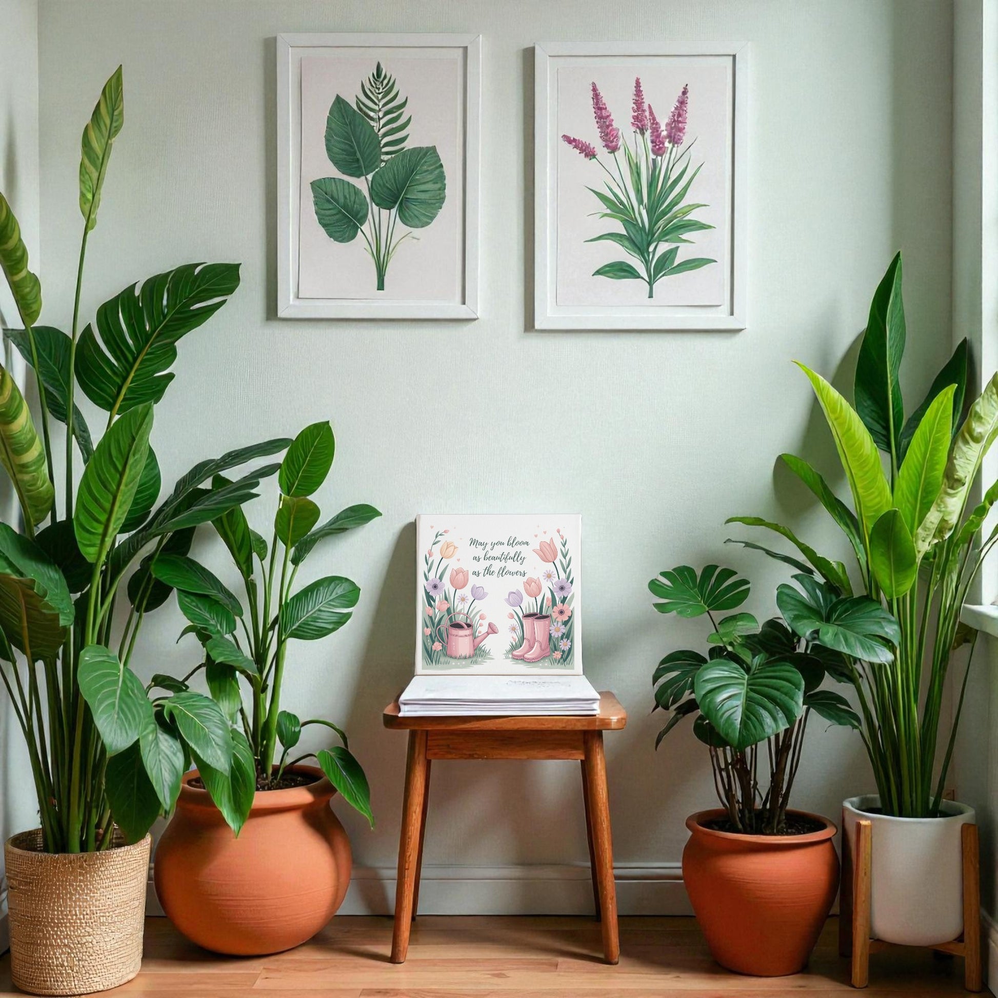 A wooden stool with an open card sits among potted green plants; two Bloom Like the Flowers Canvas Art prints by Mirabilia Boutique hang on the light wall behind them, while sunlight from the right adds a fresh spring garden feel.