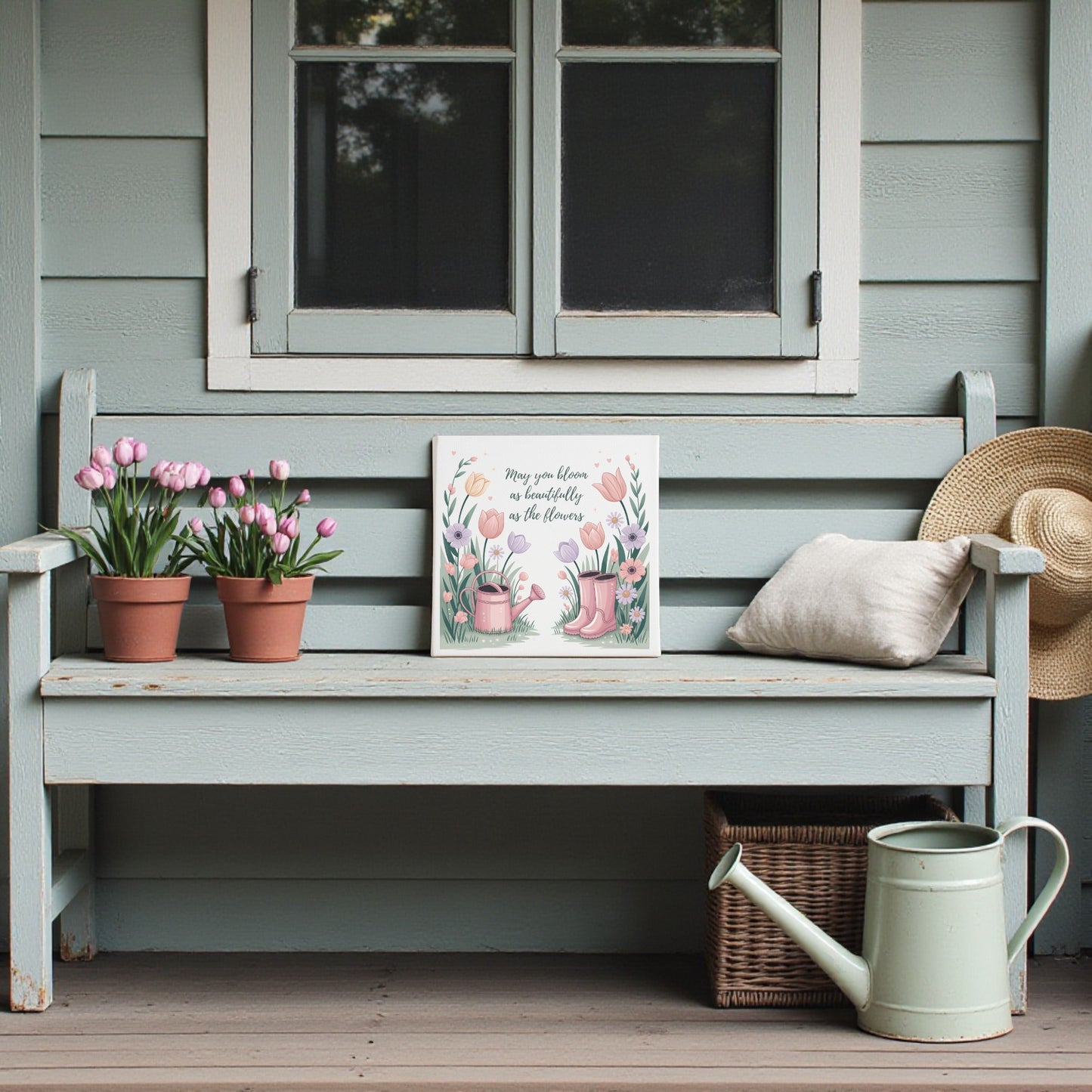 A light blue wooden bench on a porch displays a pillow, straw hat, two potted pink tulips, and Mirabilia Boutique’s Bloom Like the Flowers Canvas Art. A green watering can adds charm to the spring decor of the blue-paneled house.