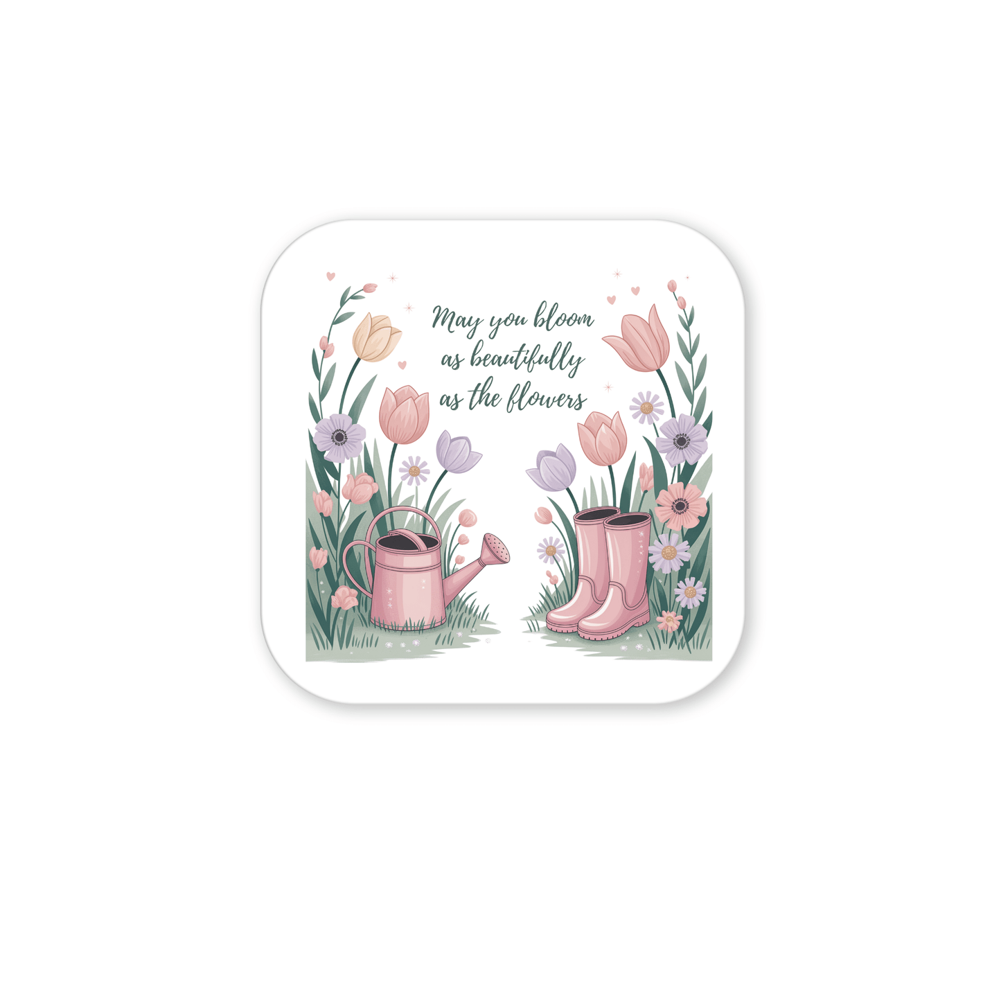 The Bloom Like the Flowers Magnet by Mirabilia Boutique features pink rain boots, a watering can, and pastel blooms with green leaves. Soft, whimsical style and quote: “May you bloom as beautifully as the flowers.” Perfect spring floral decor.