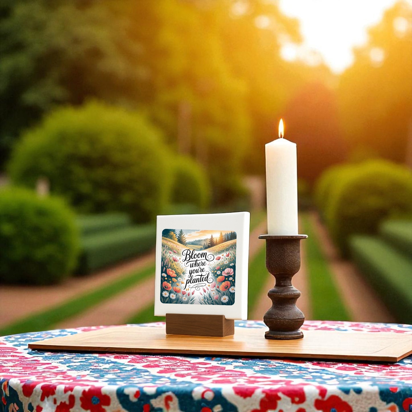 A lit white candle and Mirabilia Boutique’s “Bloom Where You’re Planted” Mini Wildflower Art rest on a wooden tray atop a floral tablecloth, bringing cheerful charm to a sunlit garden setting.