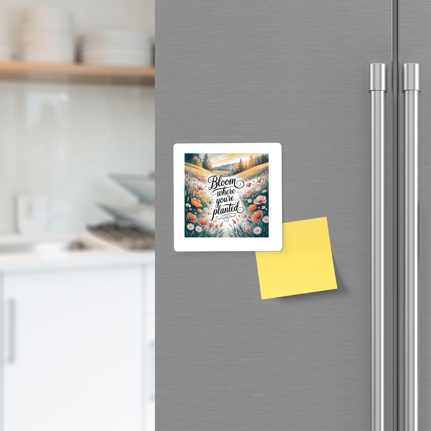 A modern kitchen features a refrigerator door with Mirabilia Boutique’s “Bloom Where You’re Planted” Magnet, displaying an uplifting floral quote—an ideal inspirational gift—next to a blank yellow sticky note.