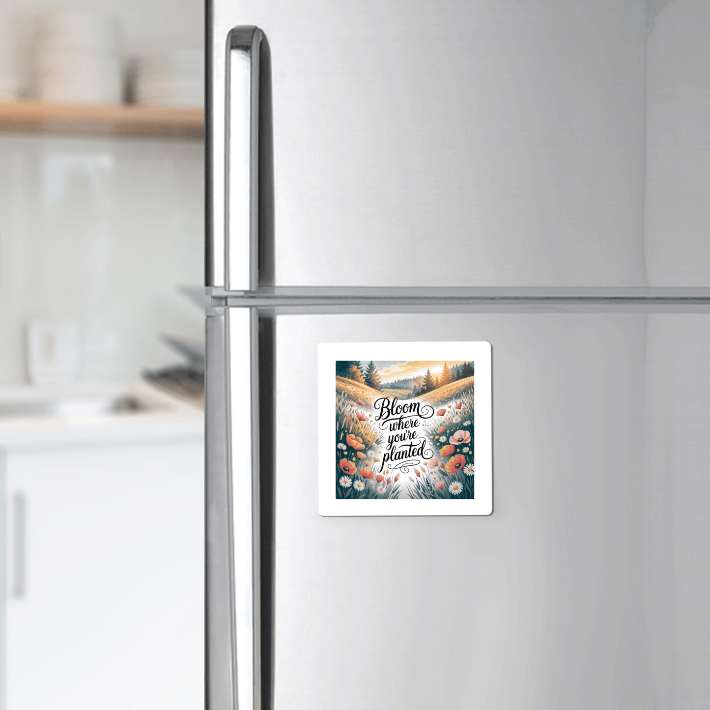 The Bloom Where You’re Planted Magnet by Mirabilia Boutique features a floral garden design and uplifting quote—an inspiring, nature-themed accent for your stainless steel fridge or kitchen décor.