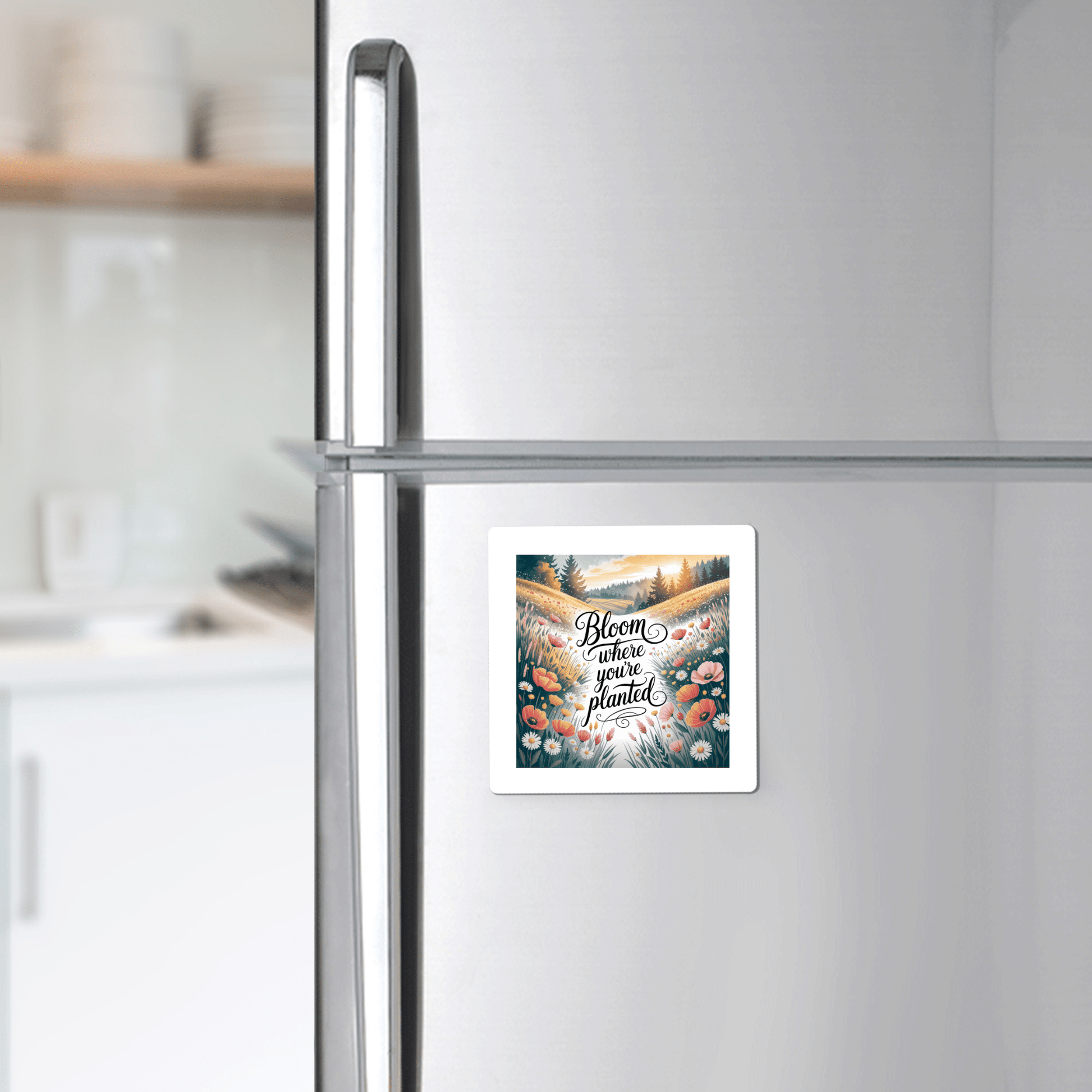 The Bloom Where You’re Planted Magnet by Mirabilia Boutique features a floral garden design and uplifting quote—an inspiring, nature-themed accent for your stainless steel fridge or kitchen décor.