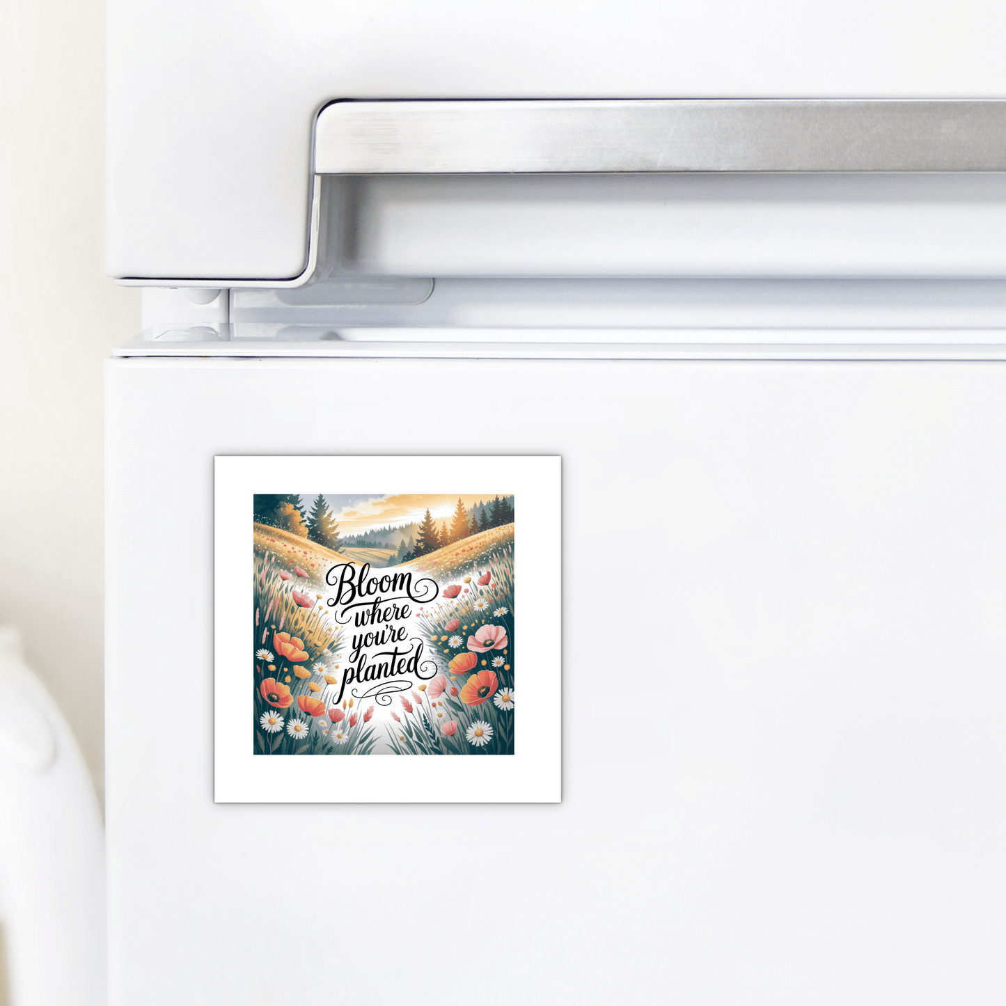 The Mirabilia Boutique "Bloom Where You’re Planted" Magnet features a floral design with an uplifting quote—perfect as an inspirational gift or charming decor for any space.