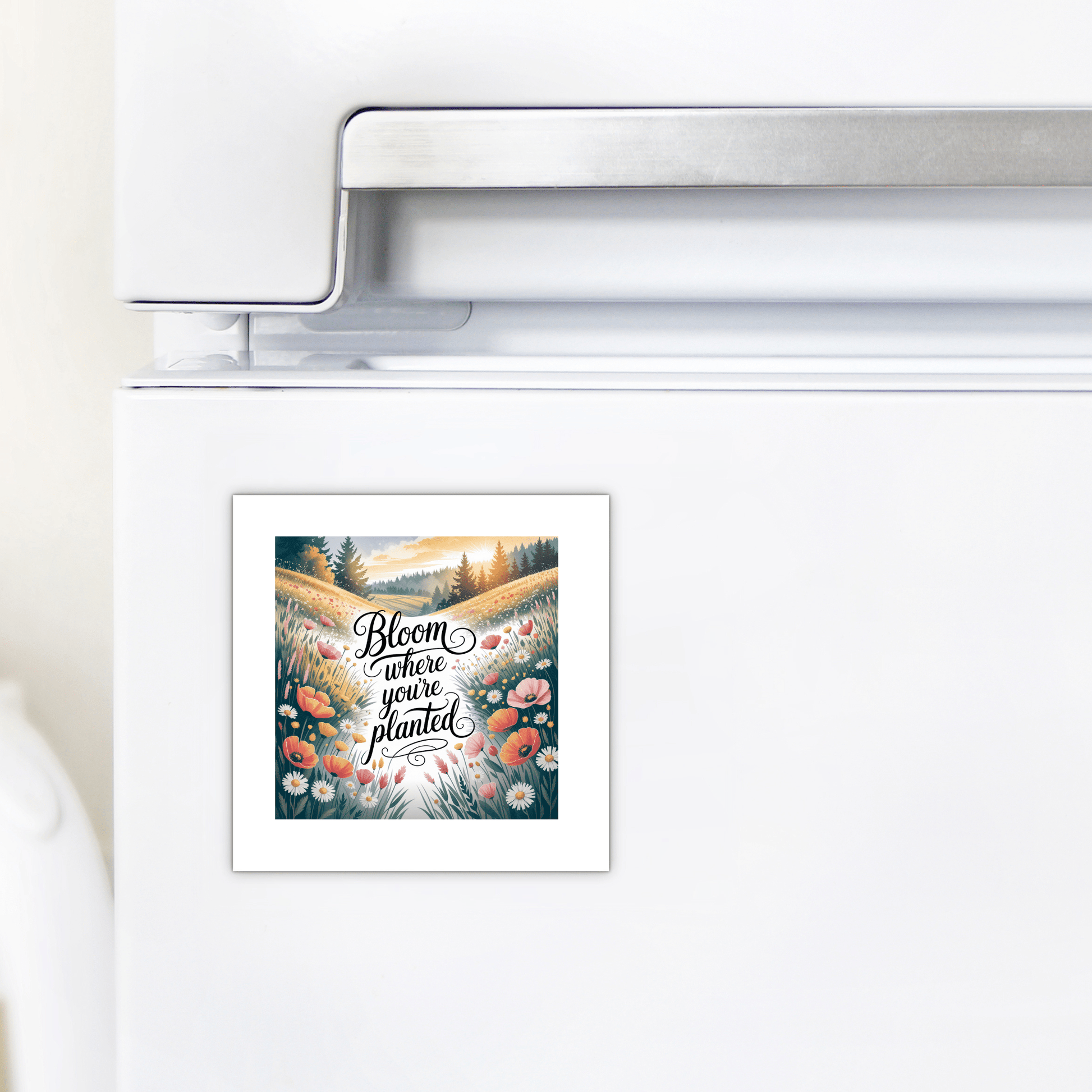 The Mirabilia Boutique "Bloom Where You’re Planted" Magnet features a floral design with an uplifting quote—perfect as an inspirational gift or charming decor for any space.