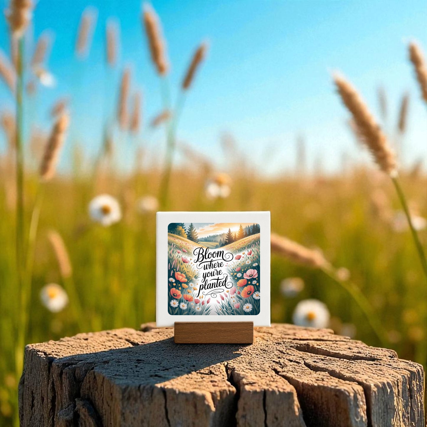 The Bloom Where You’re Planted Canvas Mini Wildflower Art by Mirabilia Boutique features floral art and an inspiring quote on a wooden base, making it perfect wildflower decor or a charming mini sign for any space.