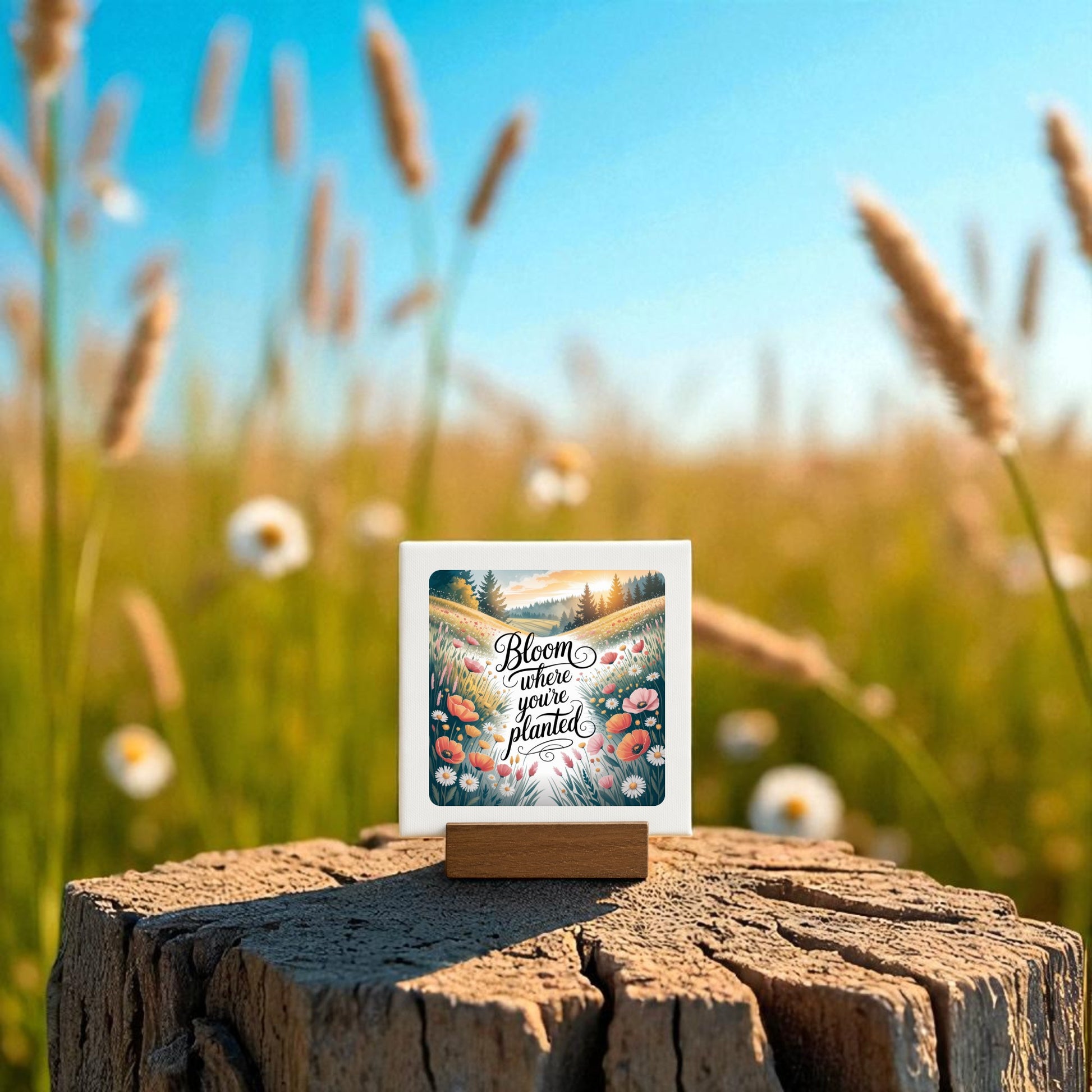 The Bloom Where You’re Planted Canvas Mini Wildflower Art by Mirabilia Boutique features floral art and an inspiring quote on a wooden base, making it perfect wildflower decor or a charming mini sign for any space.