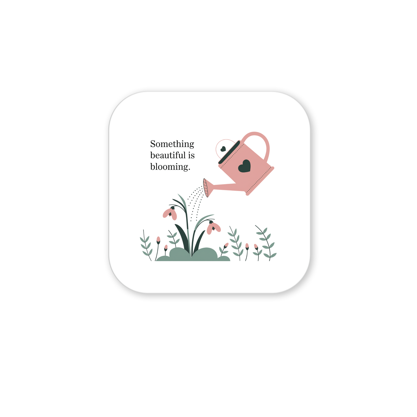 The Something Beautiful Is Blooming Magnet by Mirabilia Boutique features a pink watering can with a heart, nurturing blooming flowers and the text, "Something beautiful is blooming." A pastel, growth-inspired fridge decor for daily encouragement.