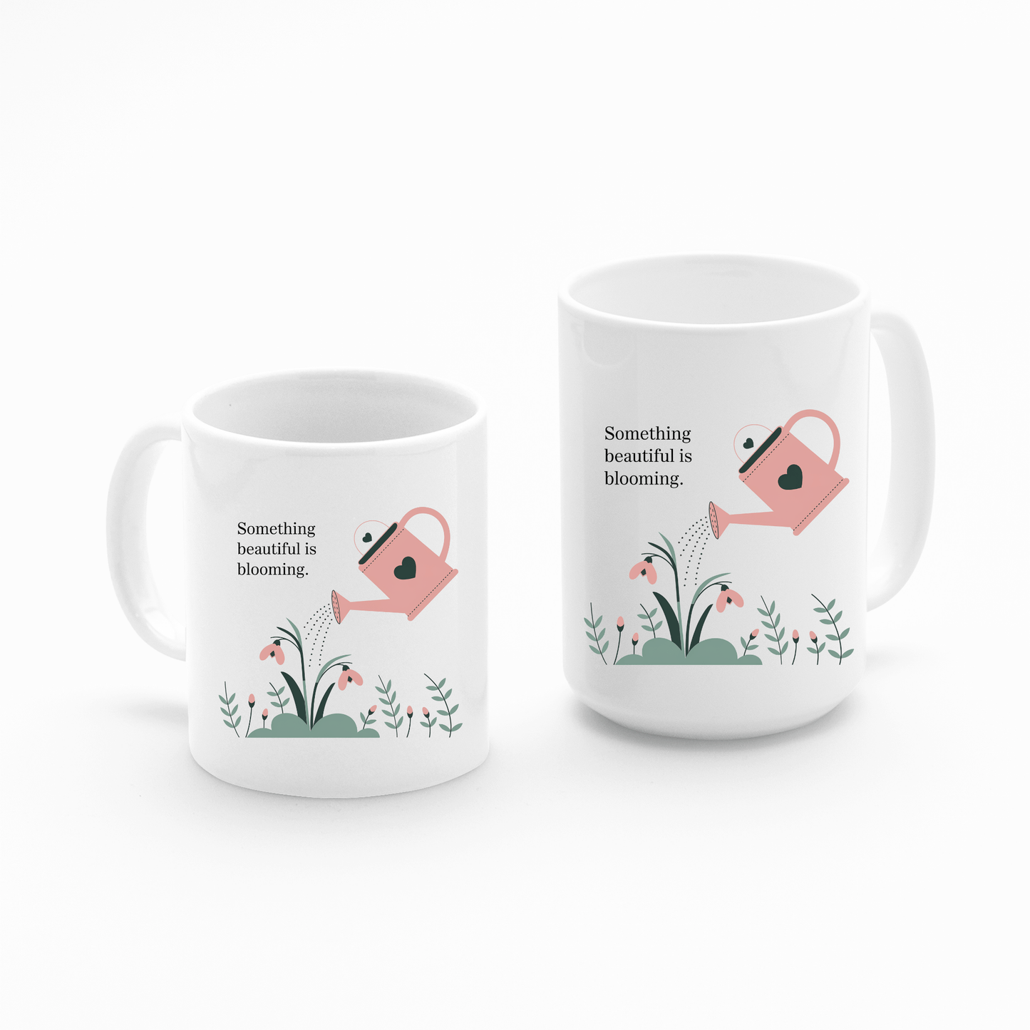 The Mirabilia Boutique "Something Beautiful Is Blooming" mugs showcase a pink watering can, colorful flowers, and green leaves. Available in two sizes, these self-care mugs inspire growth and positivity—ideal as a thoughtful gift.