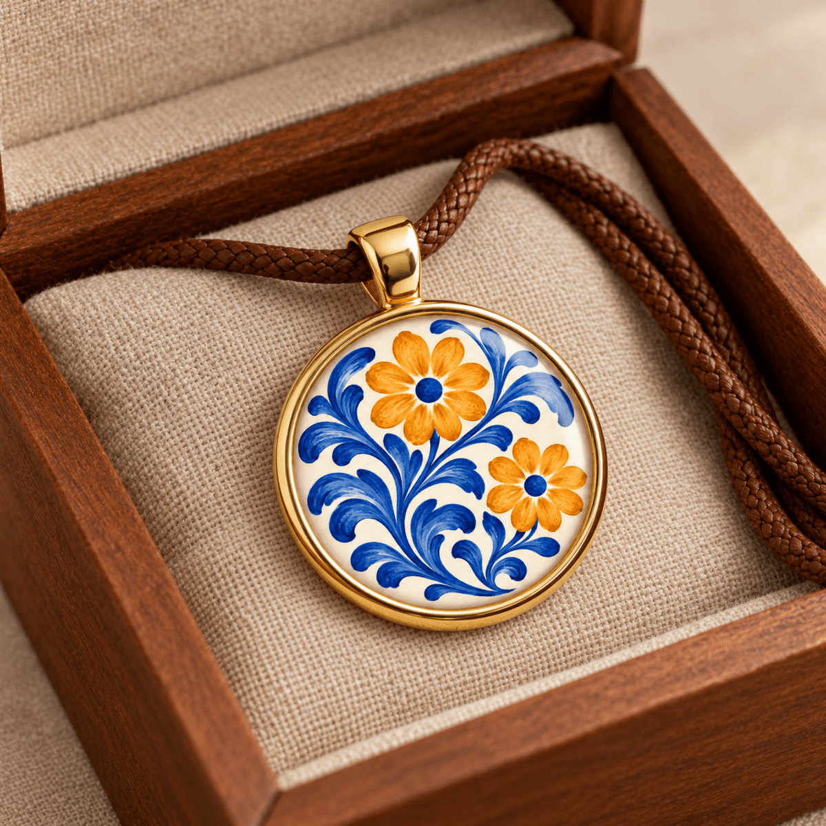 Courtyard Bloom Floral Pendant Necklace featuring a gold pendant with a circular inlay of blue and orange painted flowers, nestled in a wooden gift box.