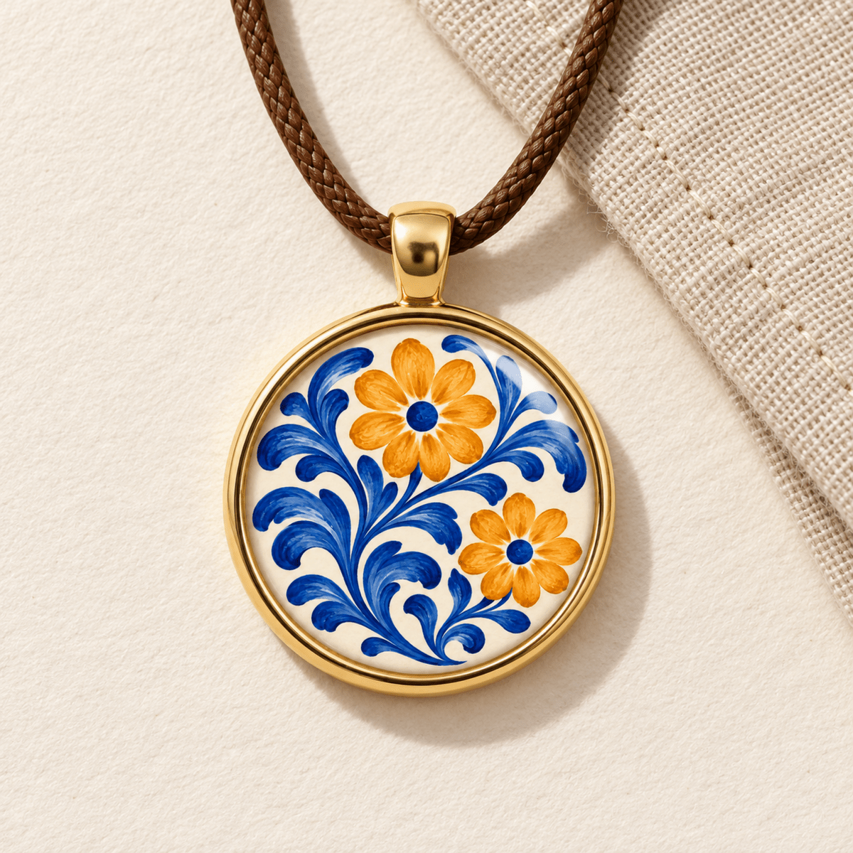 Courtyard Bloom Floral Pendant Necklace featuring a circular pendant with an orange and blue botanical pattern on a white background, gold rim, and brown braided cord.
