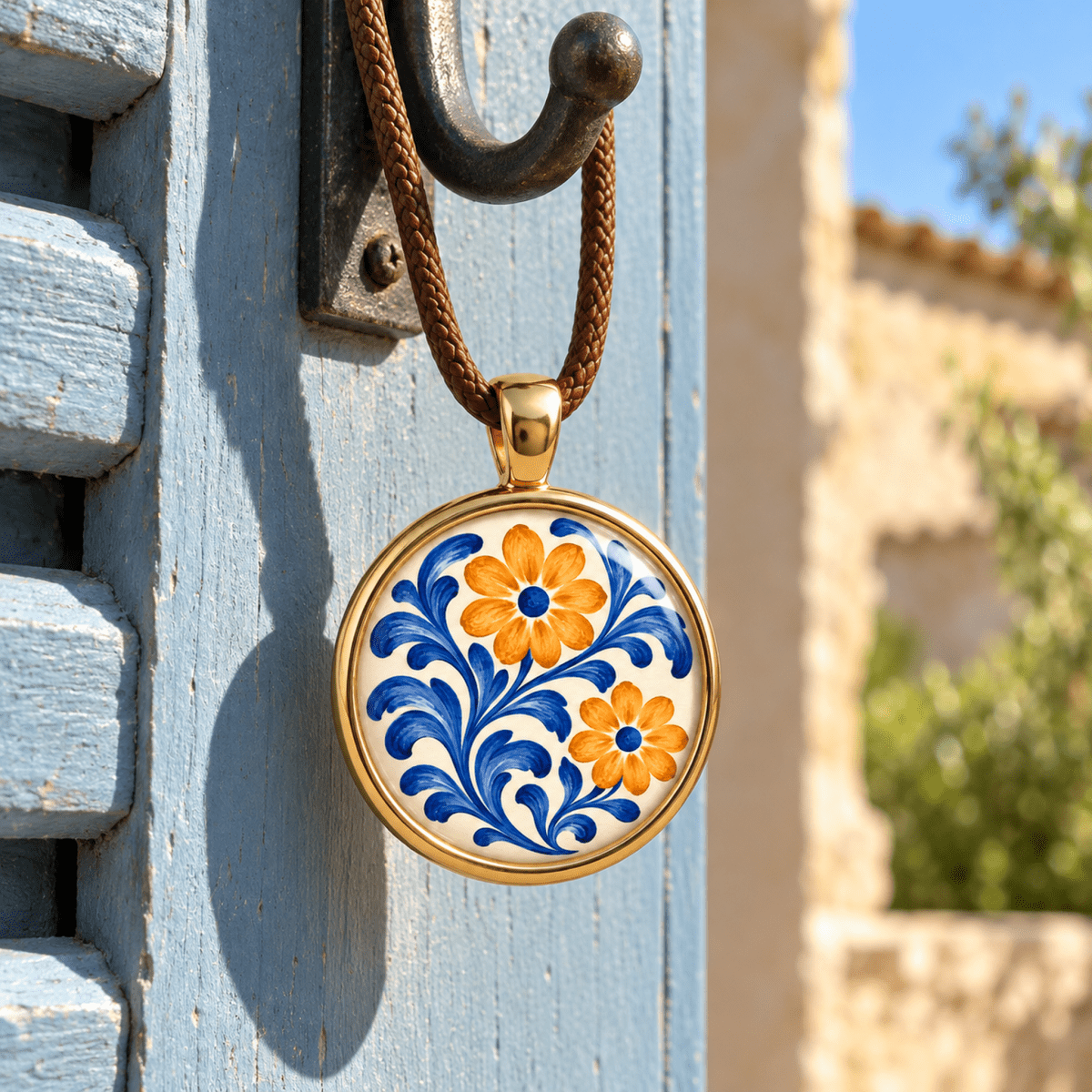 Courtyard Bloom Floral Pendant Necklace featuring a round gold pendant on a brown cord with a painted design of orange flowers and blue scrolling vines.