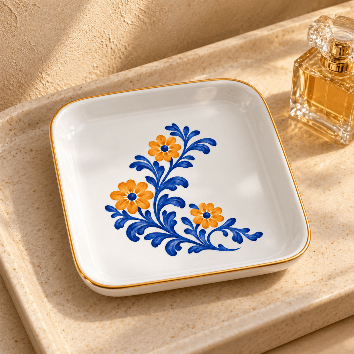 Courtyard Bloom Jewelry Tray: a square white ceramic tray with a gold rim, featuring a floral pattern of orange blossoms and blue leaves.