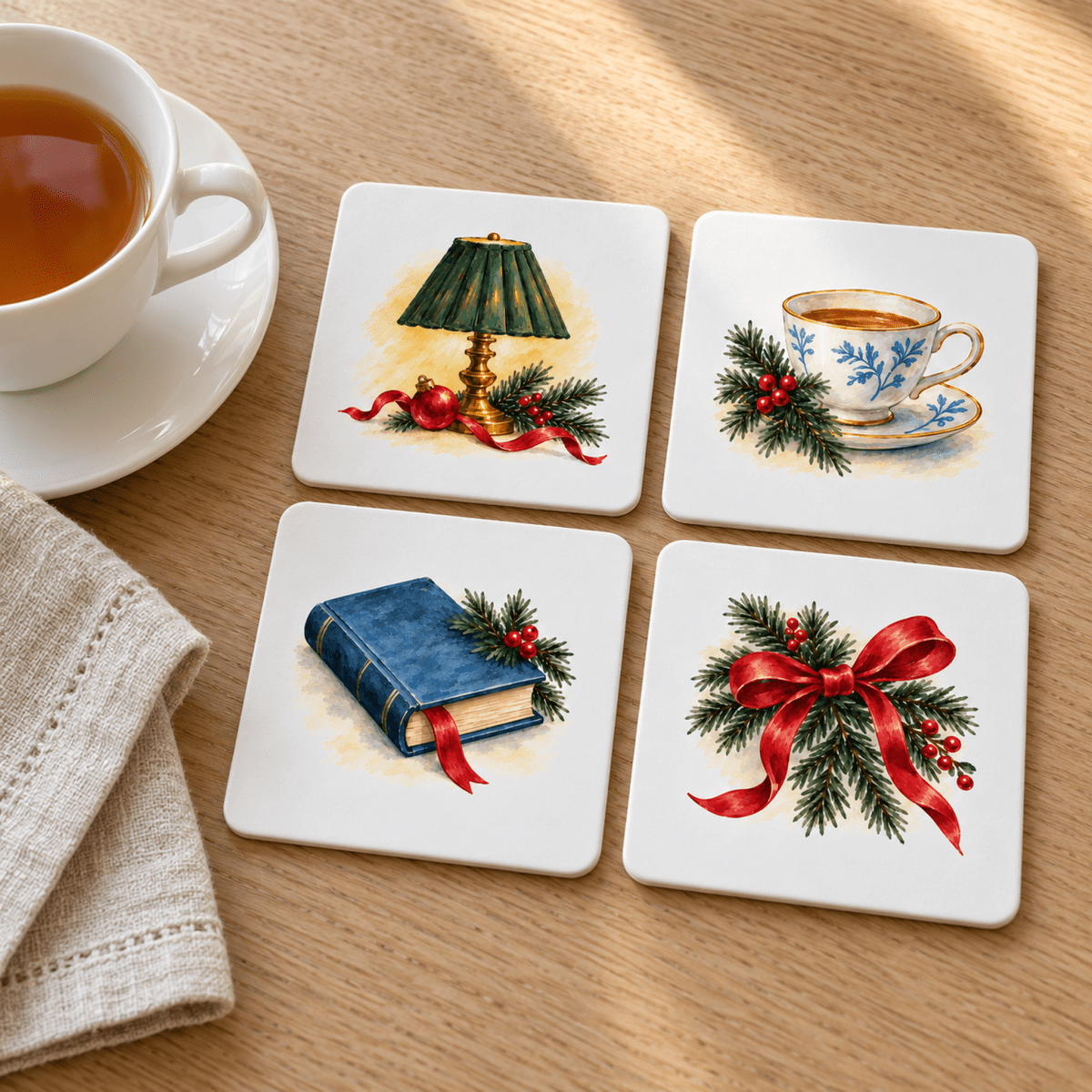 A Quiet Christmas Coaster Set featuring four hardboard coasters with illustrations of a green lamp, teacup, book, and red ribbon, all decorated with pine and holly, arranged on a wooden table next to a cup of tea.