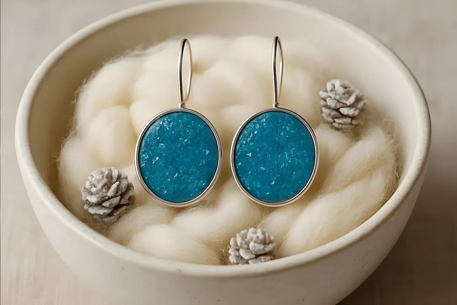 Blue Crushed Glass Earrings by Mirabilia Boutique—silver dangle earrings for women—are displayed in a white bowl with soft wool and frosted pinecones.