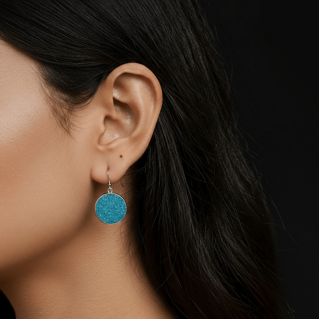 A woman with long dark hair wears Mirabilia Boutique's Blue Crushed Glass Earrings—silver dangle earrings highlighted elegantly against a black backdrop, making the unique jewelry the focal point.