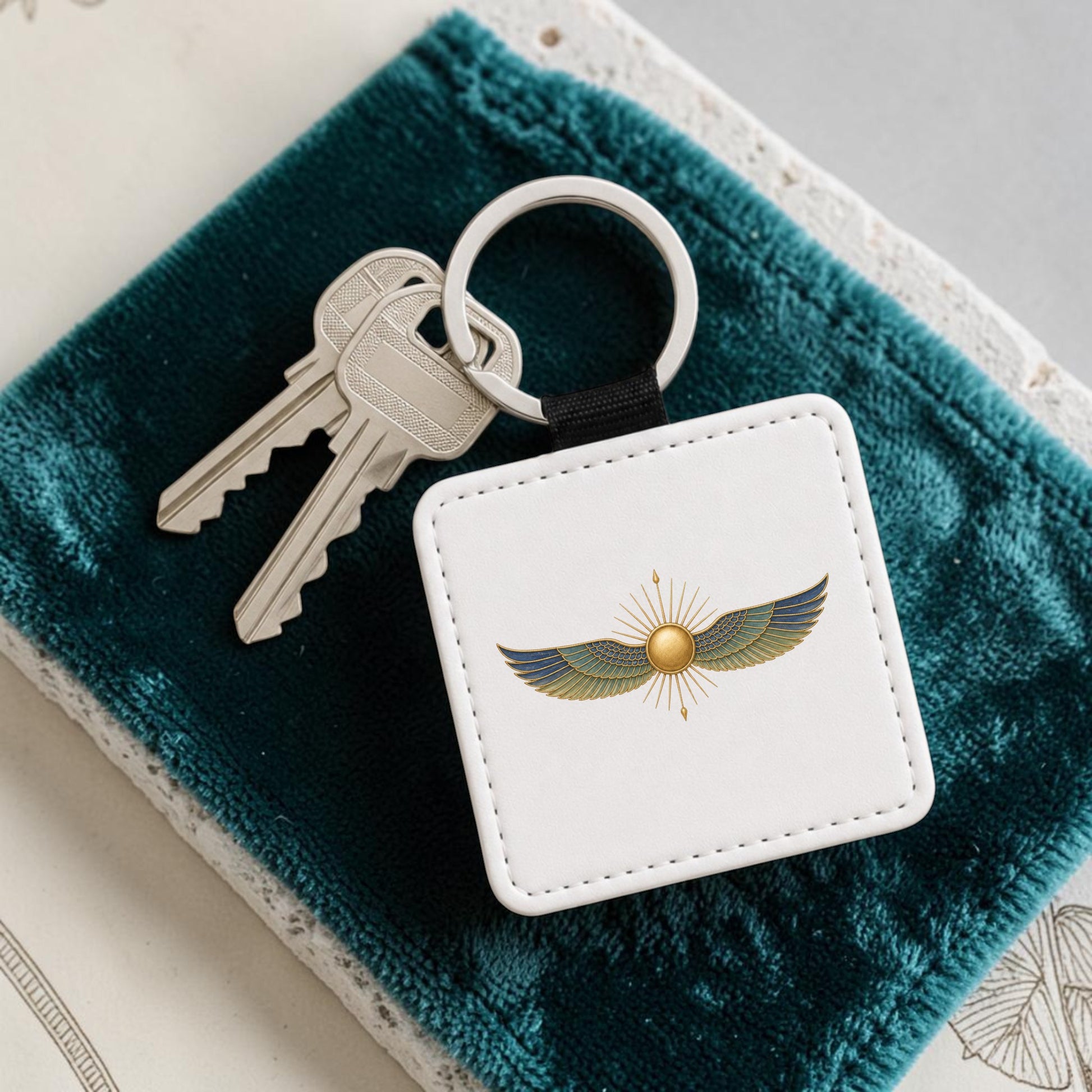 A square white “Winged Sun Keychain | Egyptian Inspired Keepsake” from Mirabilia Boutique rests alongside two silver keys on a silver ring, all displayed on a dark green plush surface. The keychain showcases a striking gold and blue Winged Sun motif and is part of the Lapis & Lotus Collection.