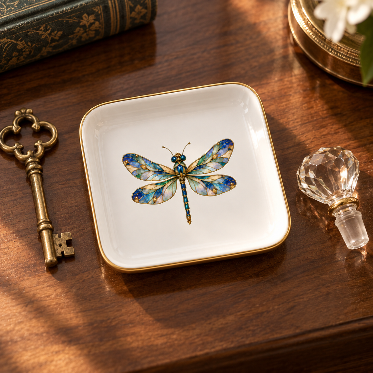 A small white Jeweled Dragonfly Jewelry Tray from Mirabilia Boutique’s Gilded Reverie collection, adorned with a vibrant jeweled dragonfly illustration, rests on a wooden surface beside an ornate key and a faceted glass bottle stopper, evoking the enchanting elegance of Mirabilia-inspired décor.
