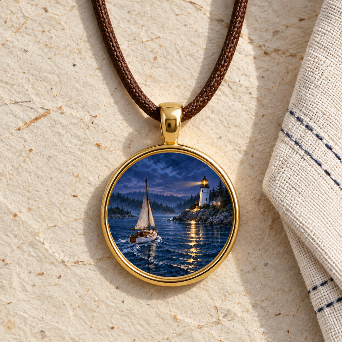The Light Kept Burning | Story Pendant Necklace features a gold-rimmed lighthouse pendant on a braided brown cord, showing a miniature coastal illustration of a sailboat approaching a beacon at night.