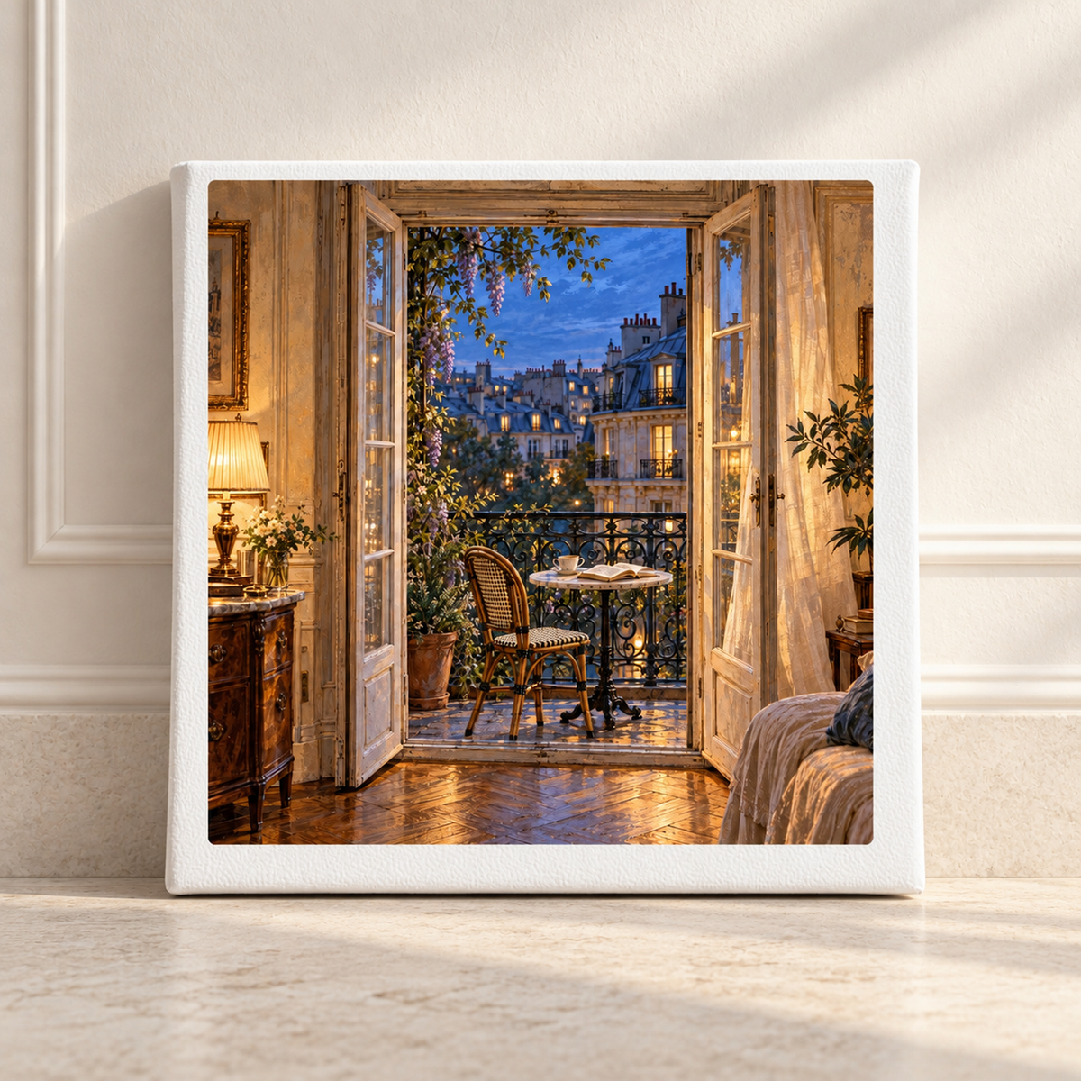 Blue Hour on the Balcony Canvas | Paris Toujours gallery-wrapped print featuring an open balcony door, a bistro table and chair, and a view of a Parisian cityscape during the blue hour.