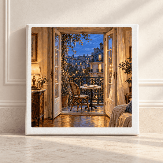 Blue Hour on the Balcony Canvas | Paris Toujours gallery-wrapped print featuring an open balcony door, a bistro table and chair, and a view of a Parisian cityscape during the blue hour.