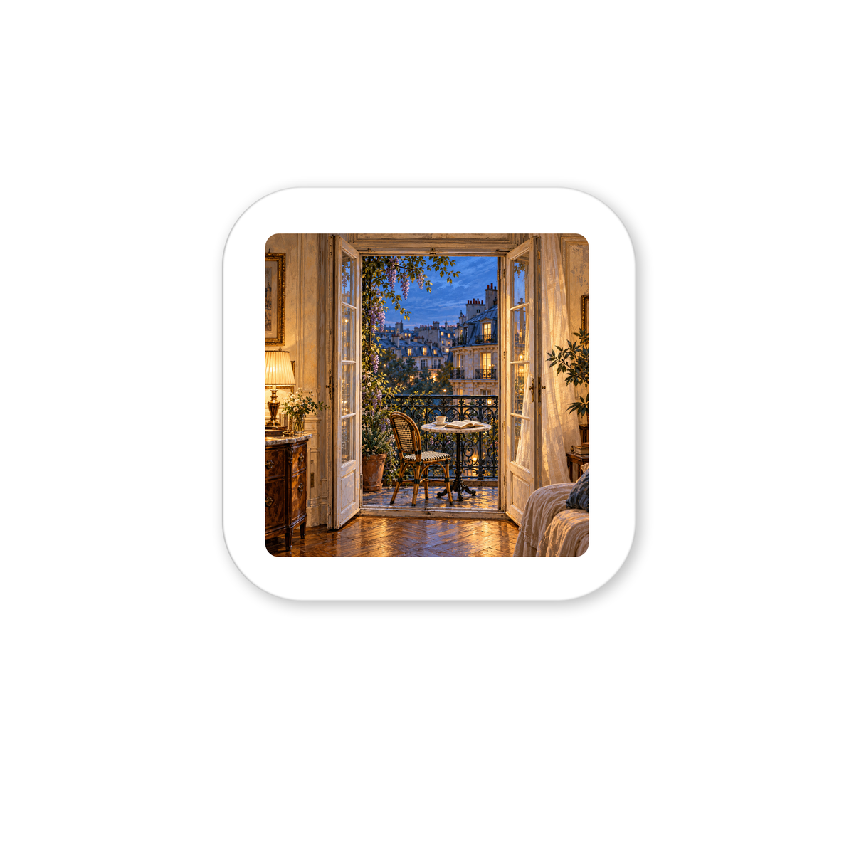 Blue Hour on the Balcony Magnet featuring a square decorative hardboard design of an interior room with open French doors looking out to a balcony overlooking a Parisian cityscape at twilight.