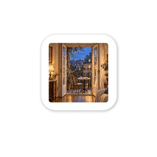 Blue Hour on the Balcony Magnet featuring a square decorative hardboard design of an interior room with open French doors looking out to a balcony overlooking a Parisian cityscape at twilight.