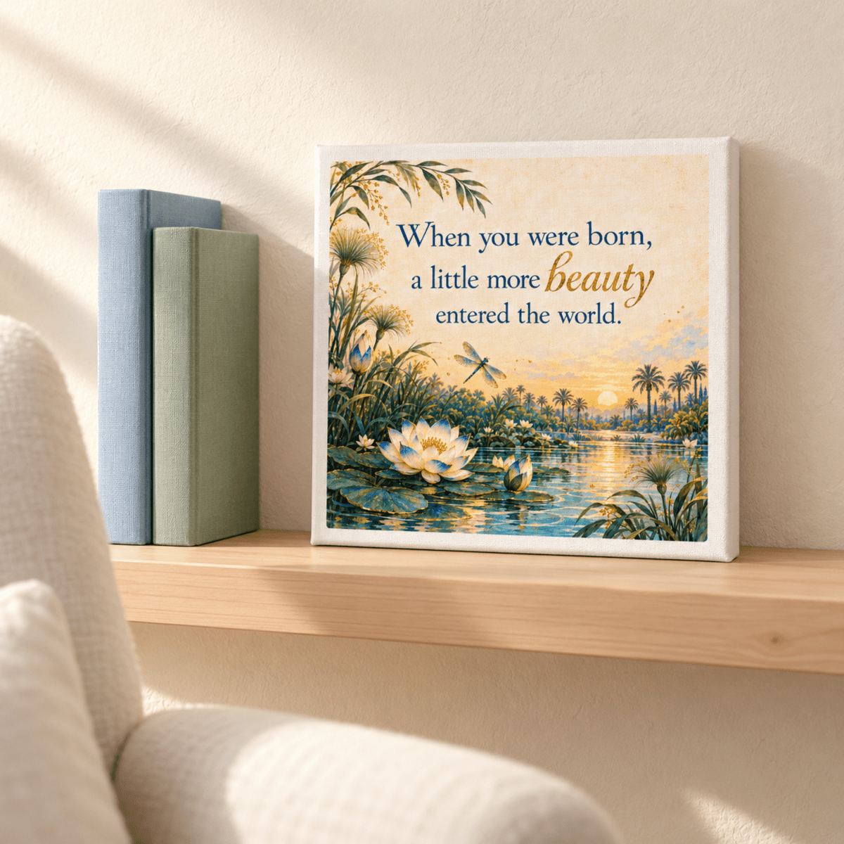A Little More Beauty Canvas | Lapis & Lotus Nursery square print featuring a pond with water lilies and a dragonfly at sunset, with the text “When you were born, a little more beauty entered the world.”
