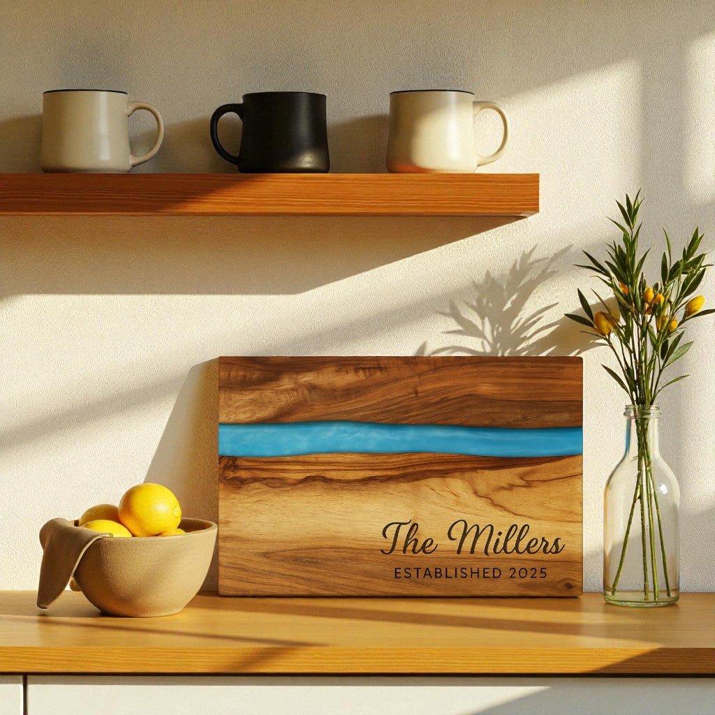 The Engraved Resin Acacia Board by Mirabilia Boutique, personalized for "The Millers Established 2025," makes an ideal housewarming or wedding gift, perfect for displaying in the kitchen with fresh lemons and flowers.