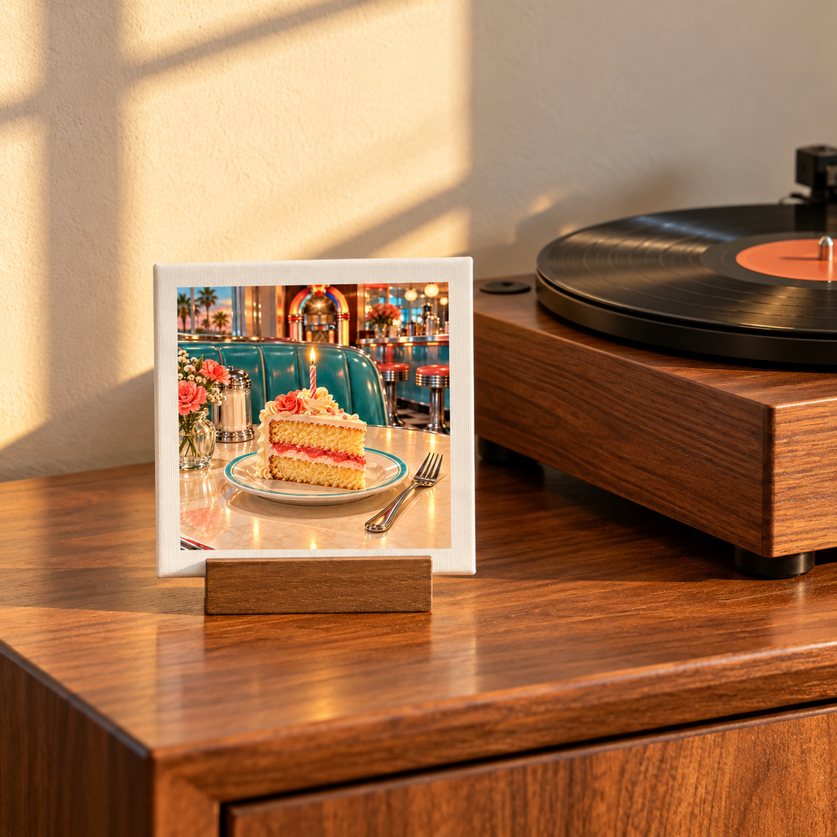 A Make a Wish at the Bluebird Birthday Mini Sign, featuring a slice of birthday cake with a lit candle, displayed on a wooden stand next to a vinyl record player.