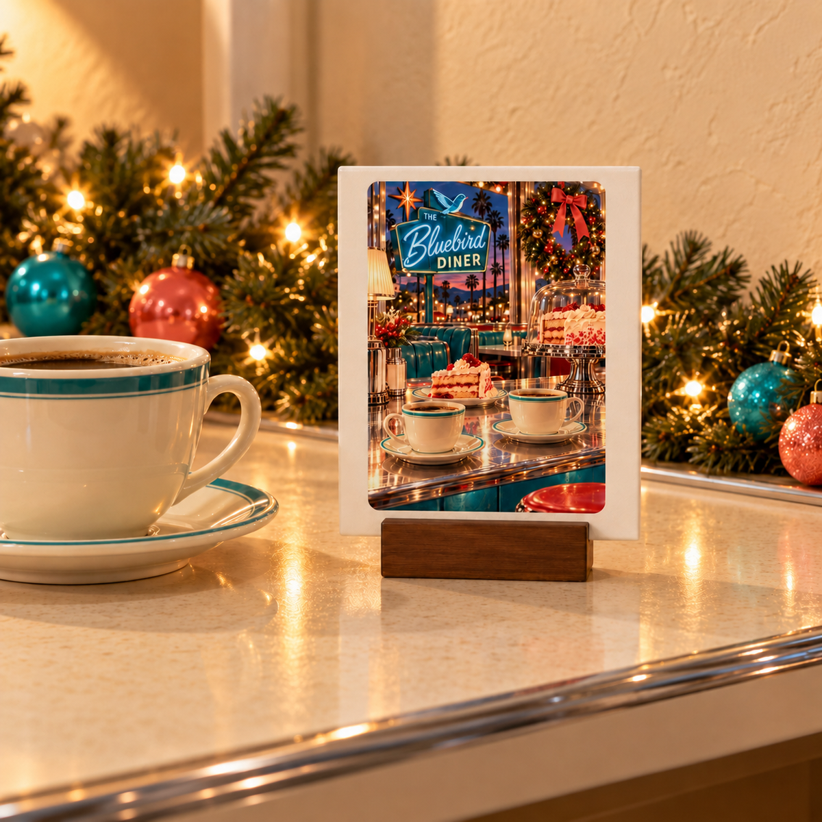 A holiday-themed diner postcard stands by a cup and saucer, with festive garlands and ornaments beside the Christmas Eve at the Bluebird Mini Sign | Chrome & Starlight from Mirabilia Boutique, glowing under warm string lights.