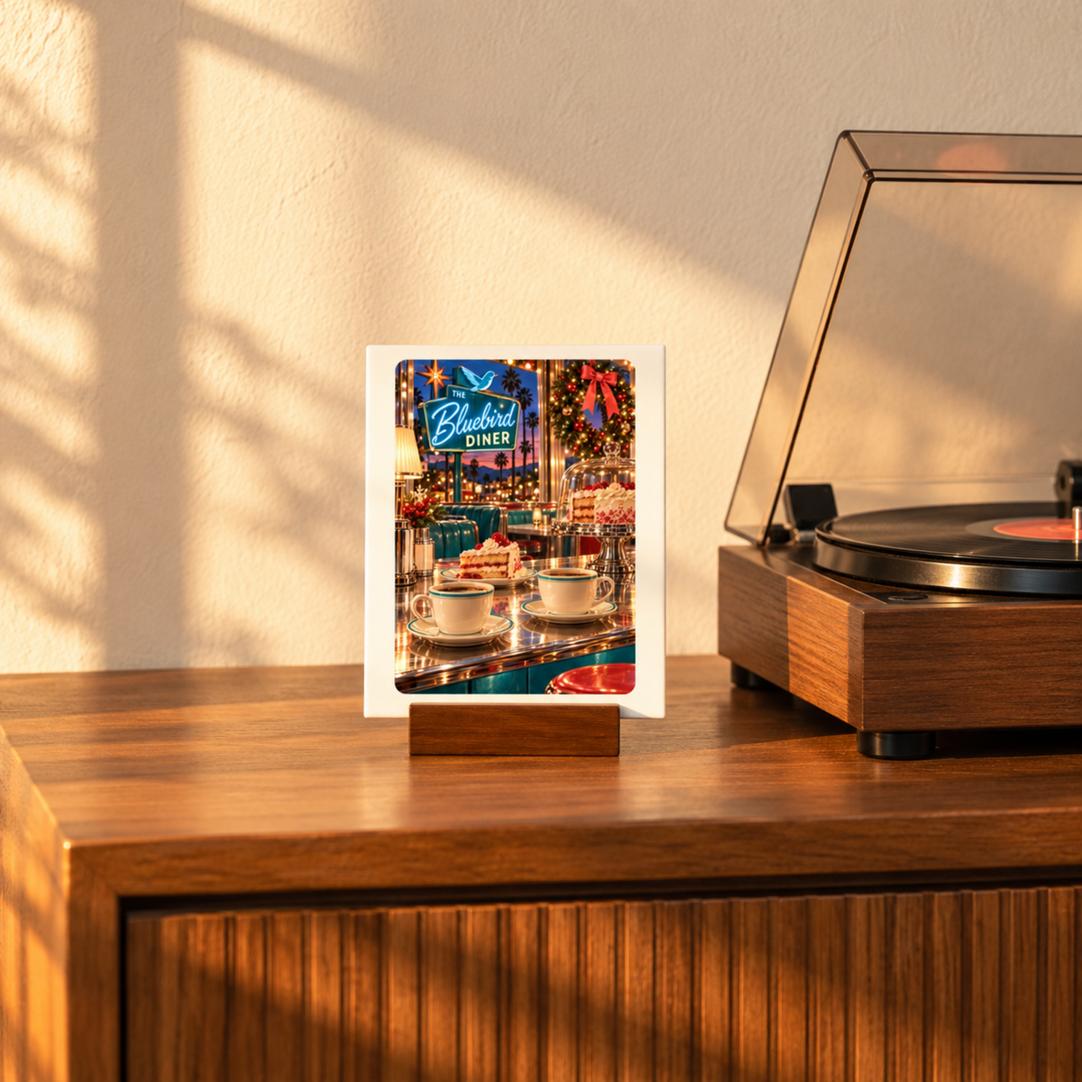 The Christmas Eve at the Bluebird Mini Sign | Chrome & Starlight by Mirabilia Boutique rests on a wooden table near a record player as sunlit shadows fall across the scene.