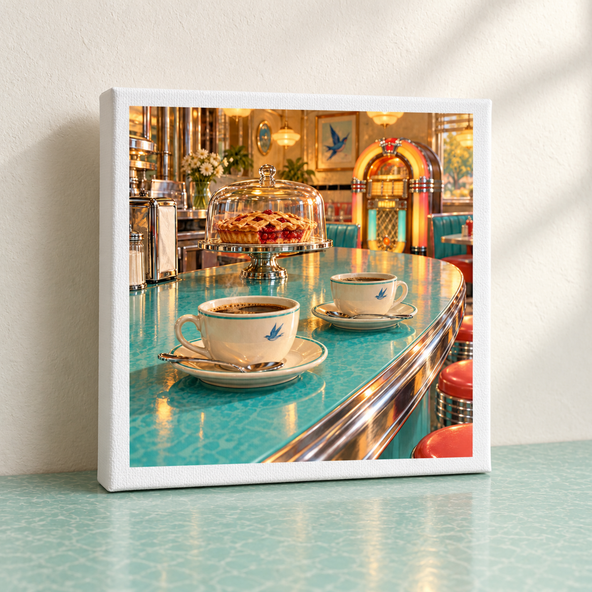 Meet Me at the Bluebird Canvas | Chrome & Starlight square print features two cups of coffee on a turquoise diner counter, with a pie under a glass dome and a jukebox in the background.